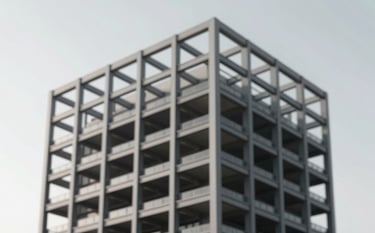A modern commercial building skeleton with structural steel beams against a crisp, high-contrast sky. The composition emphasizes strength and architectural precision. Professional lighting. Palette includes #2D3A3A and #F0F5F5.
