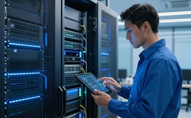 A modern, high-tech server room with blue LED lighting. A professional technician is reviewing network status on a tablet. The atmosphere is clean, innovative, and secure. Soft Sky Blue and Deep Steel Blue tones dominate the professional, sharp-focus photography.