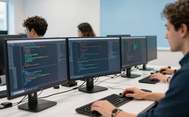 A bright, collaborative tech workspace with software developers working on high-resolution monitors. The environment is creative and professional, featuring Cool Frost White walls and Soft Sky Blue accents. Close-up photography focusing on modern code and innovative teamwork.