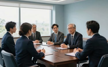 A professional corporate meeting room in Georgia, USA. Diverse business consultants in tailored suits discuss strategy around a polished dark wood table. The room has large windows with natural light, accented with Soft Sky Blue decor and Dark Slate Navy chairs. High-end, trustworthy, and sophisticated photography style.