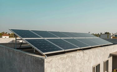 A modern South Asian / Indian home in Bhopal with high-efficiency solar panels installed on a flat concrete rooftop. The sky is a clear soft cyan, and the lighting is bright and optimistic, reflecting a sustainable lifestyle. Professional architectural photography.