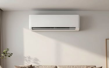 Modern interior shot of a minimalist Central European / French living room featuring a sleek, modern air conditioning unit mounted high on a white wall. The lighting is soft and natural, emphasizing comfort and climate control in a sustainable home.