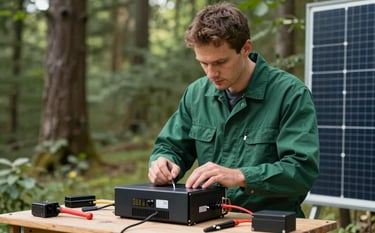 A professional technician in a deep forest green uniform performing a diagnostic check on a solar inverter. Central European / French residential setting, clean tools, focused lighting, depicting reliability and technical expertise.