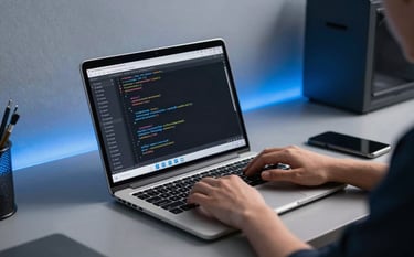 A North American software developer working on a high-performance laptop in a modern studio. The screen shows lines of clean code. The workspace is organized with steel blue accents and professional lighting, conveying reliability and modern efficiency.