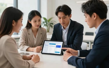 A collaborative meeting in a bright North American tech hub. Professional partners examine a finished mobile application on an Android tablet. The environment is airy and sophisticated, featuring a palette of off-white and dark navy.