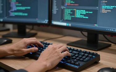 Close-up of a developer's hands typing on a high-tech mechanical keyboard in a modern Brazilian workspace. On the monitors, complex lines of code and backend architecture are visible, glowing with soft blue and green hues. The composition is cinematic and professional, showcasing deep expertise.