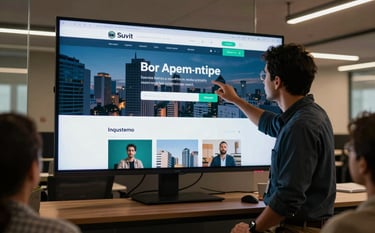 A modern professional environment in a South American / Brazilian city. A digital strategist is presenting a website layout on a large screen to a client. The lighting is professional and warm, with the deep blue and seafoam green palette reflected in the office furniture and branding elements on the screen.