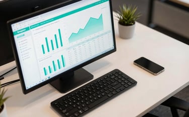 A high-angle shot of a desk in a North American / US business hub, featuring a computer showing data-driven Google Ads analytics and performance charts. Clean and focused. Colors: Vibrant Teal highlights and Soft Cloud White desk.