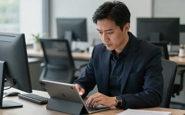 A strategic marketing specialist in a North American / US corporate setting analyzing social media engagement trends on a tablet. Sophisticated atmosphere focusing on results. Colors: Dark Navy attire and Cool Grey office furniture.