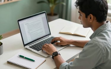 A clean, high-angle shot of a South Asian student's organized desk in a modern Indian home office. A laptop shows a document on screen next to a notebook and a green pen. The lighting is bright and professional, creating an academic atmosphere with soft green accents.