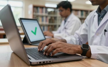 A close-up photograph of a South Asian researcher's hands typing on a laptop in a bright university library in India. A digital tablet nearby shows a green checkmark symbol. The scene is clean, scholarly, and professional with natural daylight.