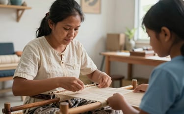 A Southeast Asian / Indonesian artisan carefully demonstrating traditional weaving techniques to an attentive young student in a bright, modern studio. Warm lighting, heritage-focused, professional aesthetic with textures of off-white and muted blue fabrics.