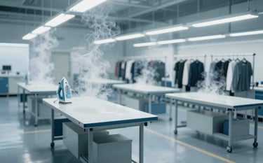 Wide-angle view of a professionally organized industrial finishing area featuring steam iron tables and garment racks. Sophisticated, clean industrial aesthetic using #F1F4F8 and #3B607D tones.