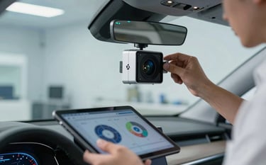 A technician using a digital tablet and high-tech calibration targets to align a car's forward-facing camera system through the windshield. Modern, high-tech workshop environment in the US, with soft blue and white lighting reflecting a premium, professional atmosphere.