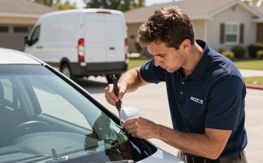 A professional auto glass technician in a branded polo shirt repairing a small chip on a car windshield using specialized tools. The scene is set in a sunny North American suburban driveway with a clean, modern white van in the background. High-quality photography, bright natural lighting, emphasizing precision and reliability.