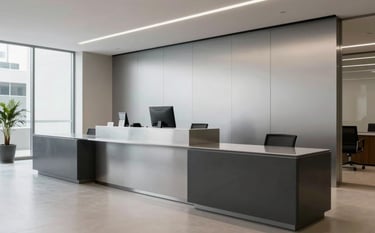 A wide shot of a minimalist South American / Brazilian law office lobby in São Bernardo do Campo. Modern silver and dark grey furniture, professional atmosphere, and clean lines.