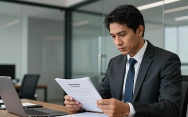 A focused professional in a formal South American / Brazilian office setting reviewing a stack of employment contracts. The background is a clean modern office with glass walls, reflecting dark charcoal and light grey colors.