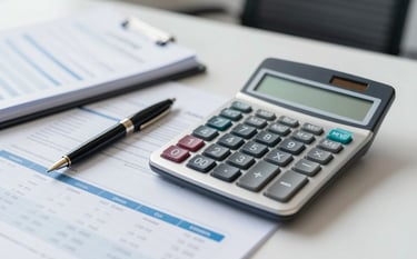 A high-quality, professional photograph of a modern office desk with a calculator, a fountain pen, and neatly organized financial ledgers. The lighting is bright and clean, incorporating tones of #89B3D7 and #F0F4F8. The atmosphere projects reliability and precision in accounting.