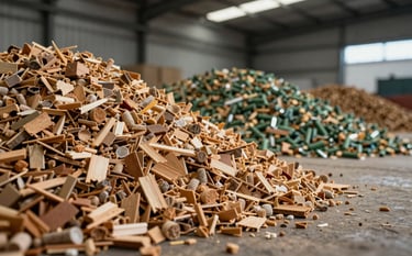 A high-quality industrial photograph of sustainable raw materials like processed wood chips and recycled pellets stored in a clean, modern warehouse in Colombia. Soft natural lighting highlights the textures, with subtle bronze and green tones in the background, conveying industrial efficiency.