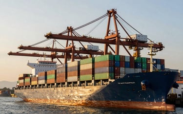 A powerful image of a large cargo ship being loaded at a Colombian port during the golden hour. The composition emphasizes the scale of international trade, with industrial cranes and stacked containers in green and bronze colors under a professional, cinematic sky.