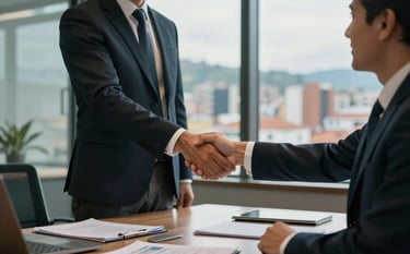 A professional setting in a South American corporate office where business partners are shaking hands over a meeting table. There are glass windows showing a city view of Bogota, with a focus on trust and partnership. The lighting is warm with deep teal and bronze accents.