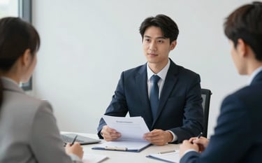 A professional and neutral meeting scene in a bright, modern office. A notary is presenting documents to two parties, symbolizing a secure and fair divorce property settlement. The atmosphere is calm and professional, featuring #2C3E50 office accents and #F7F9FB walls.