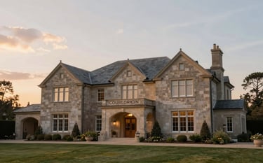 A high-end, professional photograph of a beautiful family estate house during a calm sunset. The lighting is warm and empathetic. The composition is clean, showcasing the architecture. Muted colors of #6D8B9B and #C0C5C1 are present in the sky and stone textures to match the brand palette.