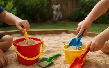 A professional Australian backyard play area featuring a clean sandpit. Preschoolers' hands are shown using colorful buckets and spades. The background is a soft-focus garden with a hint of a small koala statue on a wooden fence. The aesthetic is lively and organized. No faces or adults shown.