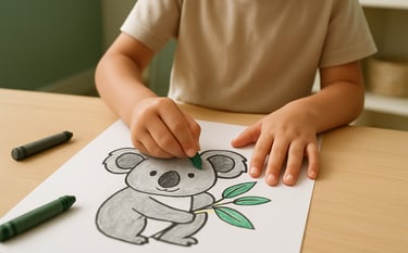 An indoor activity table in a clean Australian home daycare. A close-up shot focuses on a child's hands carefully coloring a drawing of a friendly koala with green and charcoal crayons. The lighting is bright and cheerful, with muted green and creamy beige room accents. No faces or adults.