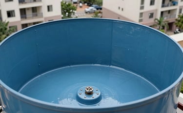 Close-up detail of a newly waterproofed water tank in a modern South Asian / Indian apartment complex. The inner surfaces show a clean, steel blue protective coating.