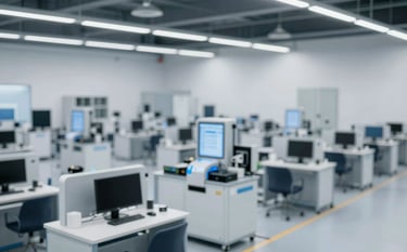 A wide-angle, high-resolution shot of a modern, organized electronics logistics hub with automated systems, featuring a professional atmosphere and subtle #3F72AF blue highlights in the architectural elements.