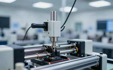 A close-up of a high-precision automated SMT assembly line in a clean, modern electronics manufacturing facility with sophisticated #0F2C4E and white lighting.