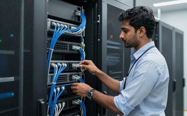 A clean, modern server room in a South Asian tech park. A professional technician in formal attire is inspecting organized blue and slate grey data cables. The lighting is efficient and crisp, emphasizing a reliable IT infrastructure and secure digital environment.