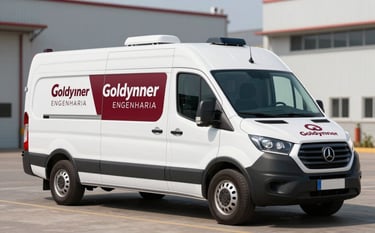 A professional mobile laboratory unit (modern van) with Goldynner Engenharia branding, parked at an industrial site. The lighting is natural daylight, showing a clean and authoritative presence. Color accents of #A33F39 and #0D2B44 on the vehicle.