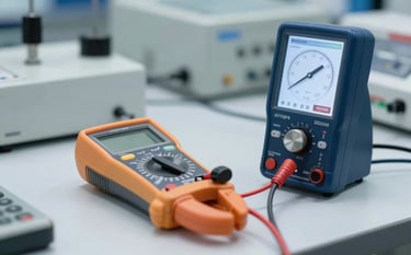 Close-up of a digital multimeter and a clamp meter being calibrated with high-tech reference standards in a sterile, professional lab environment. The scene uses a palette of #F7F8F9 with dark blue #0D2B44 equipment accents, emphasizing precision and trust.