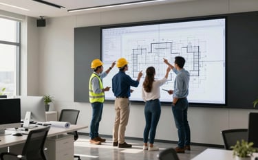 A group of professional civil engineers, men and women, in a modern Latin American office reviewing blueprints on a large digital screen. The office features minimalist furniture in off-white and dark navy accents, with soft natural light coming through large windows.