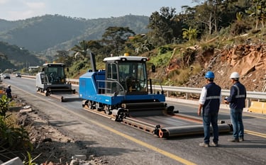 Wide-angle photography of a highway construction project in a Latin American mountain region. Civil engineers in dark navy vests stand near modern paving machinery. The lighting is crisp afternoon sun, emphasizing a clean and professional construction environment with steel blue equipment.