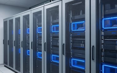 A minimalist, high-tech server room with clean lines and glowing panels in soft mist grey and midnight blue, symbolizing secure blockchain infrastructure.