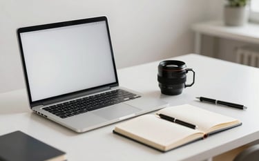 A clean, bright professional workspace with a single laptop and a notebook on a white desk, emphasizing a fast and uncomplicated setup in soft light.