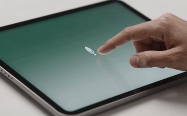 Close-up of a professional hand interacting with a sleek, minimalist AI interface on a high-end tablet, with accents of deep forest green and soft mist grey.
