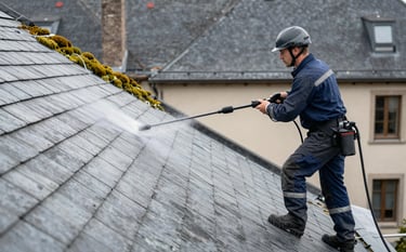 A professional roofer using a high-pressure cleaner on a traditional French slate roof. The composition shows the contrast between the mossy area and the clean grey surface. Modern equipment, light grey and slate blue tones, Western European architecture.