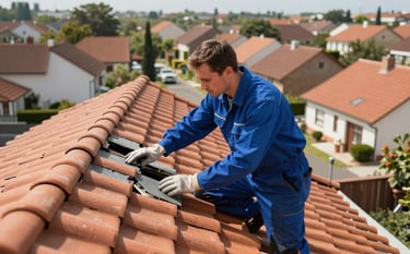 A professional roofer wearing slate blue workwear inspecting a damaged terracotta tiled roof in a Western European suburban neighborhood. High-angle photography, bright natural daylight, clean and sharp focus showing expertise and reliability.