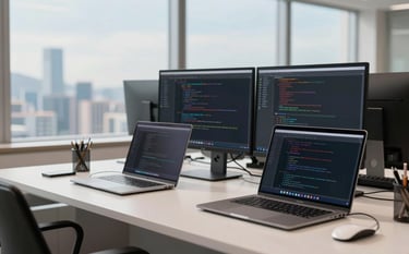A bright, clean software engineering workspace in a East Asian / Hong Kong high-rise. Modern laptops and multiple monitors display clean code, bathed in soft off-white natural light and muted sky blue accents.