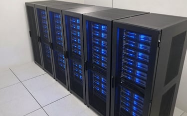 A high-angle professional photograph of a modern server room in a East Asian / Hong Kong data center. The lighting is dominated by soft off-white and deep slate blue tones, highlighting the precision-aligned server racks and glowing blue LEDs.