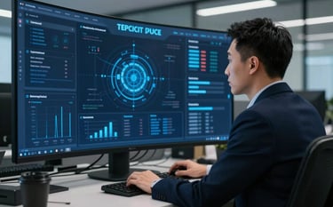 A professional in a modern East Asian / Hong Kong office observing a sophisticated cybersecurity dashboard. The scene is lit with deep slate blue and dark navy blue tones, emphasizing a high-authority technical environment.
