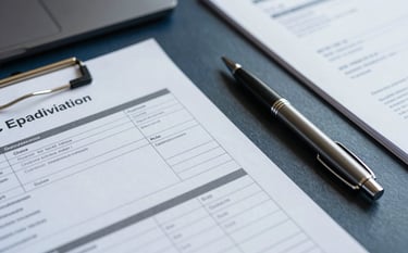 A high-angle close-up of a professional desk with a dark slate blue surface. A set of technical car appraisal documents and a sleek pen are visible. The scene is lit with natural, professional lighting, reflecting a trustworthy atmosphere.