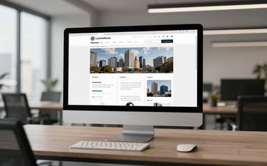 A wide photography shot of a high-end minimalist office space in a Latin American city. A large desktop monitor shows a sophisticated website structure with multiple interlinked pages. The lighting is sophisticated, emphasizing efficiency and modern professionalism.