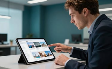 A professional in a Spanish studio pointing to a tablet screen showcasing a sophisticated multi-page catalog. The environment is organized and modern with deep teal and light blue accents in the background architecture.