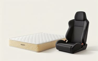 A clean, studio-style composition showcasing the diverse applications of HANTI foams. In the frame, we see a high-density mattress core, an ergonomic car seat component, and a piece of fitness equipment. The presentation is organized and professional against a neutral off-white background.