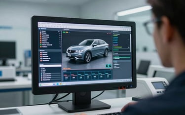 A modern diagnostic station in an América do Sul / Brasileiro workshop. A high-resolution screen shows technical car data, with a soft grey-blue dashboard in the background. Professional and high-tech atmosphere.